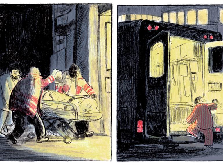 Szene aus einem Comic: In der linken Bildhälfte ist eine Krankenbare zu sehen, die von drei Sanitätern geschoben wird. In der rechten Bildhälfte sieht man Noel, den Protagonisten des Comics in den Krankenwagen klettern.