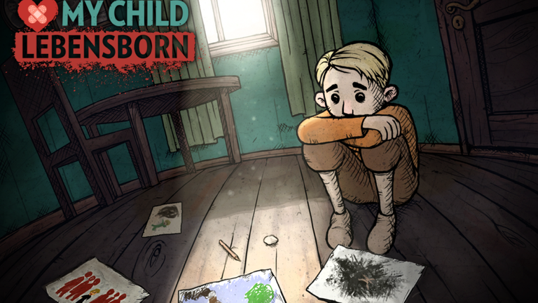 Cover des norwegischen Computerspiels "My Child Lebensborn": Ein blonder Junge hockt traurig auf dem Boden, vor ihm einige Bilder, die er gemalt hat.