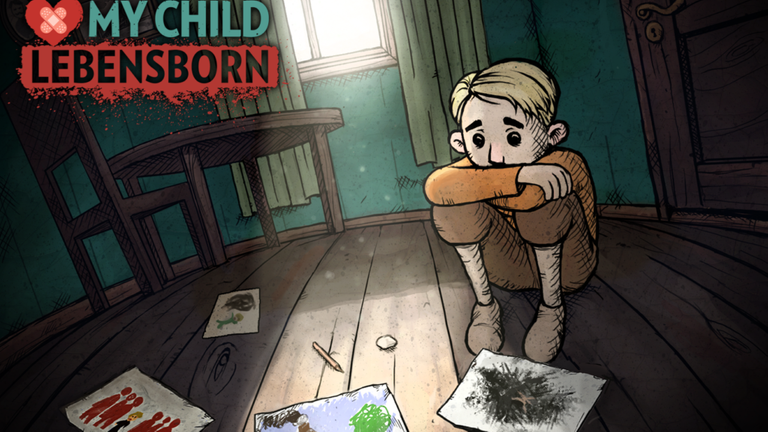 Cover des norwegischen Computerspiels "My Child Lebensborn": Ein blonder Junge hockt traurig auf dem Boden, vor ihm einige Bilder, die er gemalt hat. Cover des norwegischen Computerspiels "My Child Lebensborn": Ein blonder Junge hockt traurig auf dem Boden, vor ihm einige Bilder, die er gemalt hat.
