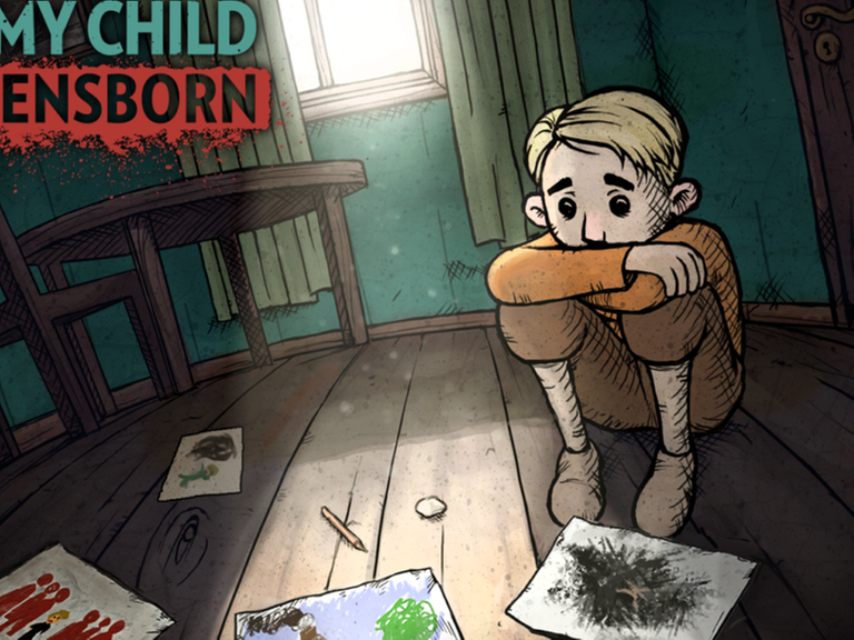 Cover des norwegischen Computerspiels "My Child Lebensborn": Ein blonder Junge hockt traurig auf dem Boden, vor ihm einige Bilder, die er gemalt hat.