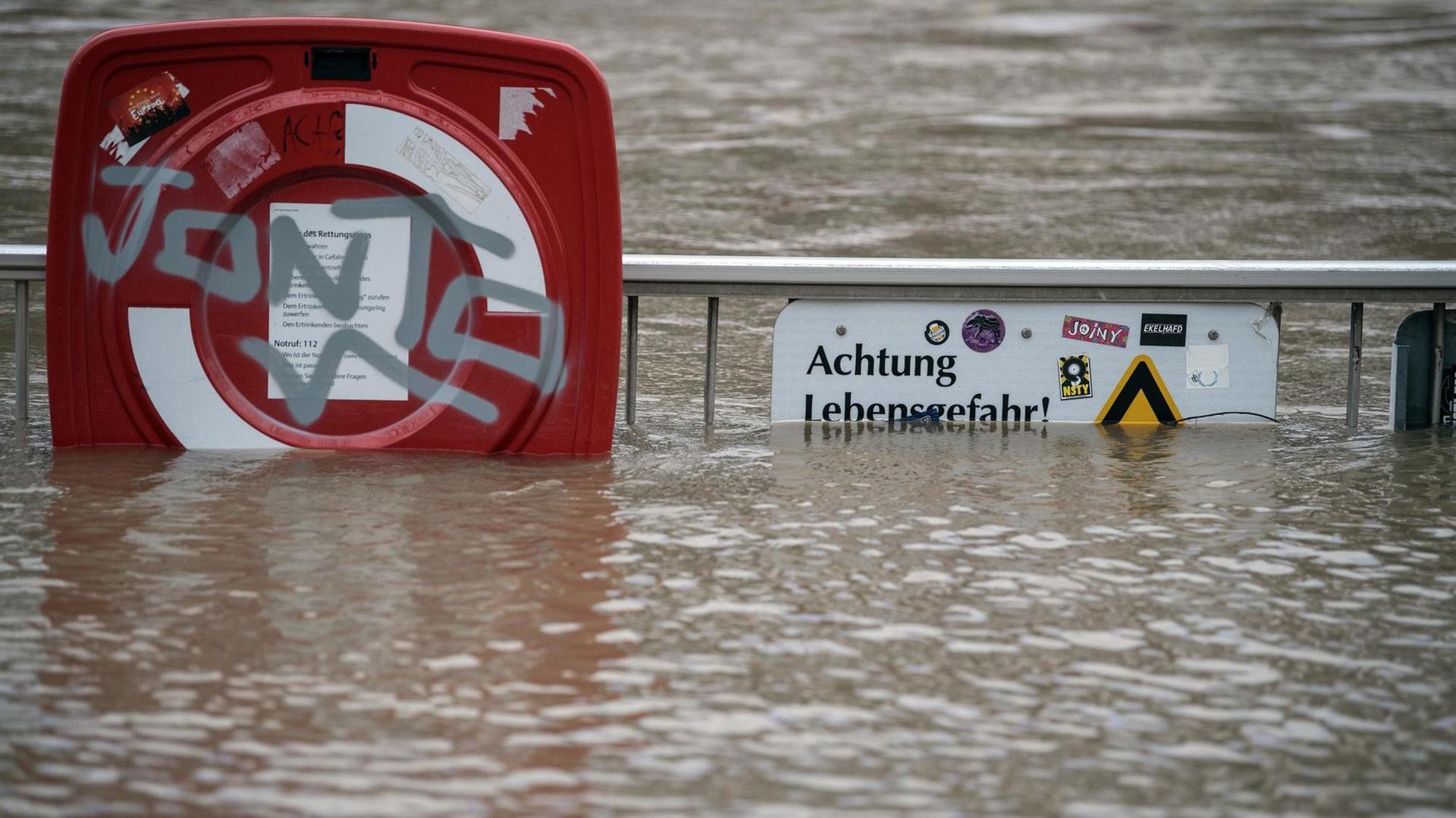 Ein Rettungsring steht am 08.01.2018 in Köln im Wasser des Rheins.