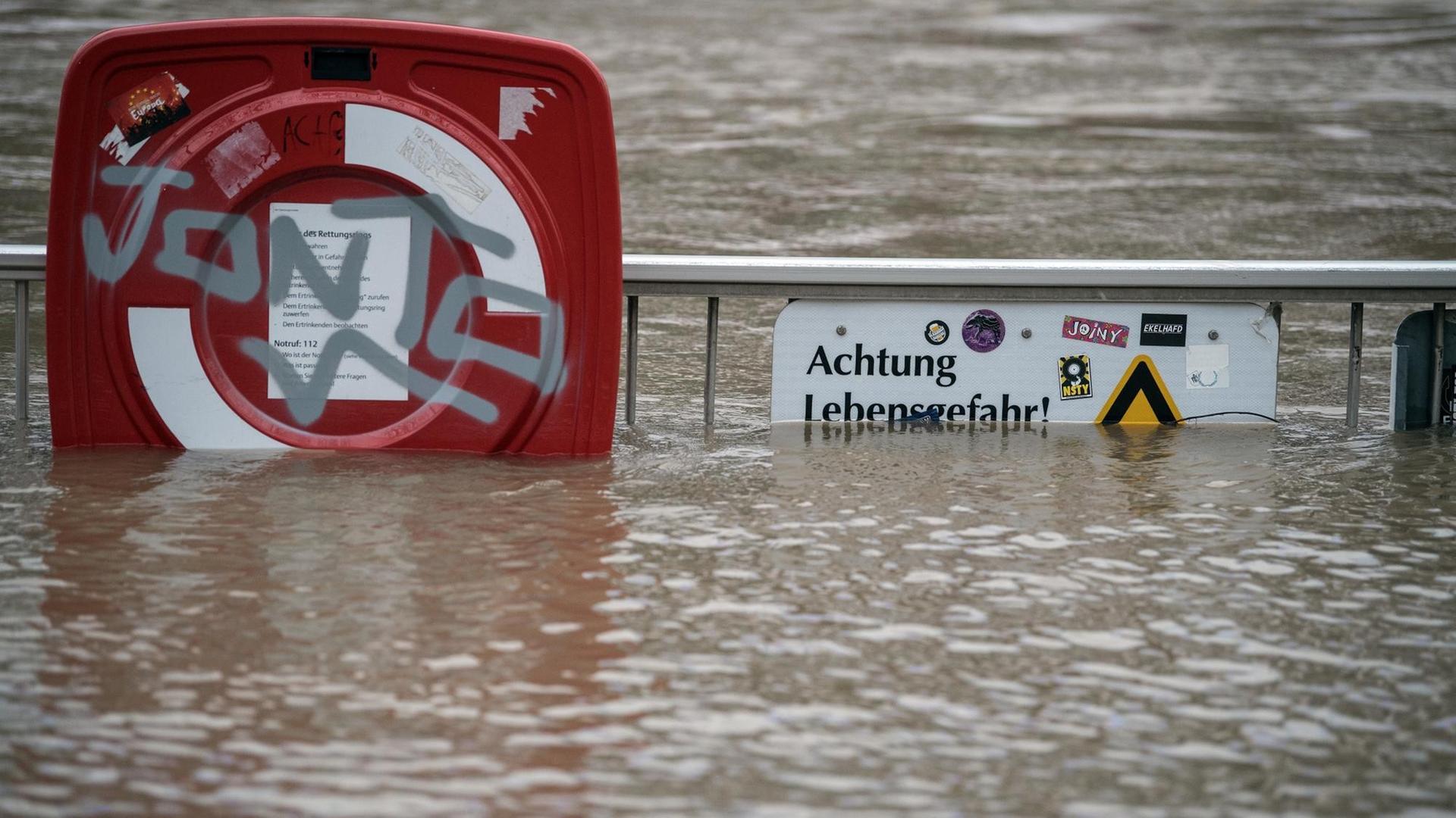 Ein Rettungsring steht am 08.01.2018 in Köln im Wasser des Rheins. Ein Rettungsring steht am 08.01.2018 in Köln im Wasser des Rheins.