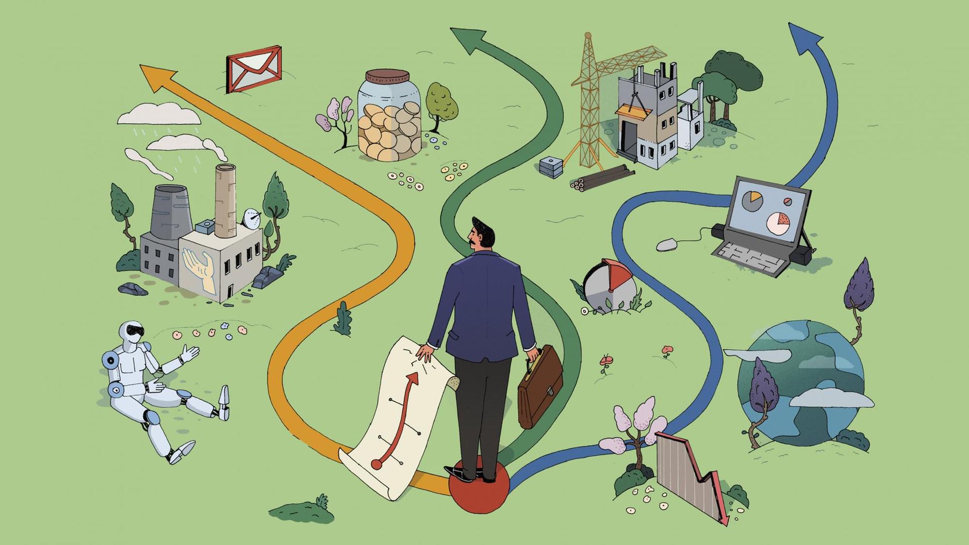 Illustration: Ein Geschäftsmann steht vor drei verschiedenen Wegen. Illustration: Ein Geschäftsmann steht vor drei verschiedenen Wegen.