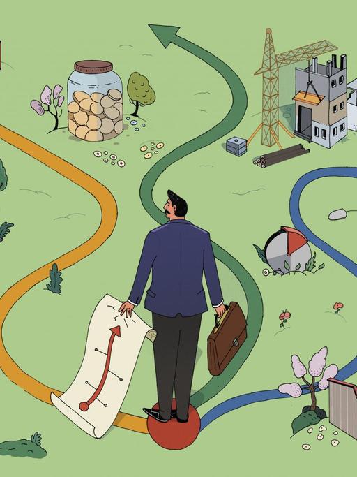 Illustration: Ein Geschäftsmann steht vor drei verschiedenen Wegen.