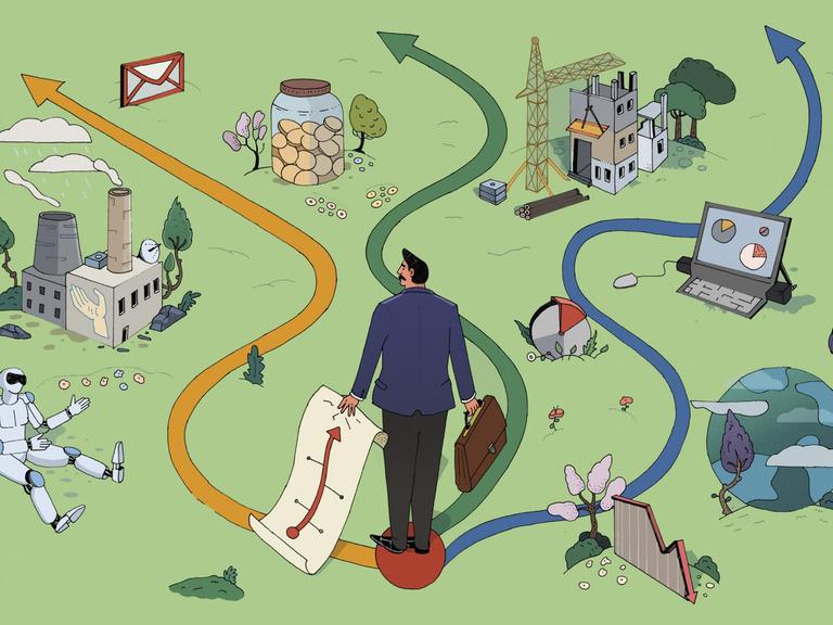 Illustration: Ein Geschäftsmann steht vor drei verschiedenen Wegen.