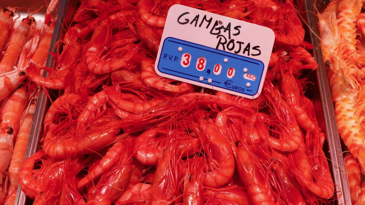 Rote Garnelen im Fischmarkt von Malaga Rote Garnelen im Fischmarkt von Malaga