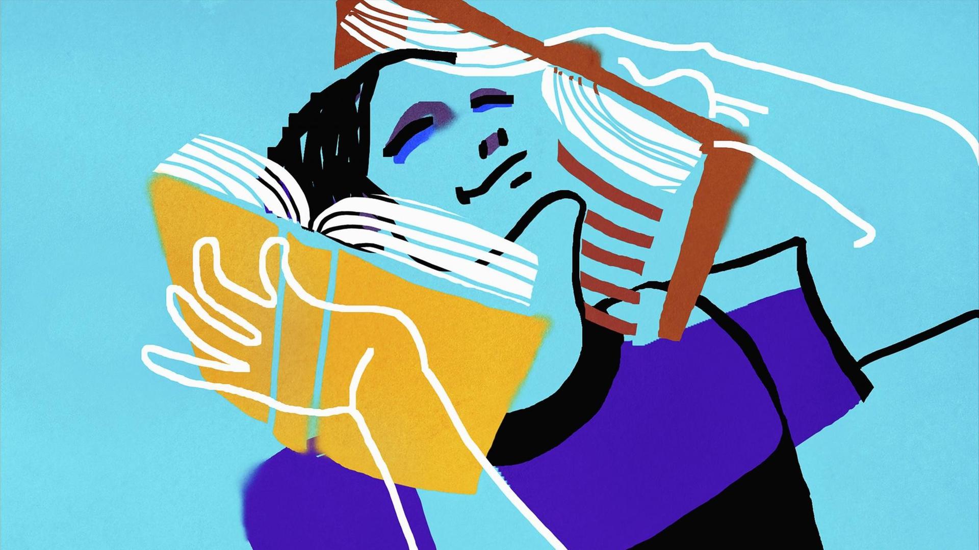 Illustration von einem Mann, der Bücher genießt, die er sich an seine beiden Ohren hält. Illustration von einem Mann, der Bücher genießt, die er sich an seine beiden Ohren hält.