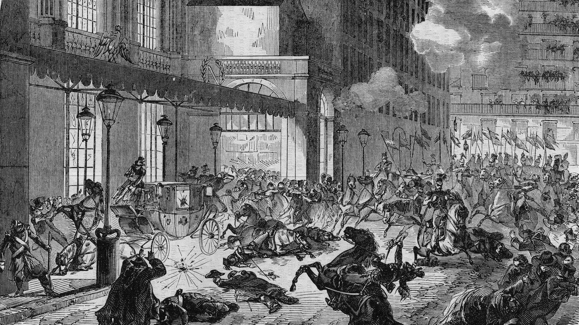 Der Angriff des italienischen Revolutionären Felice Orsini (1819-1858) gegen Napoleon III. Paris, 14. Januar 1858. Der Angriff des italienischen Revolutionären Felice Orsini (1819-1858) gegen Napoleon III. Paris, 14. Januar 1858.