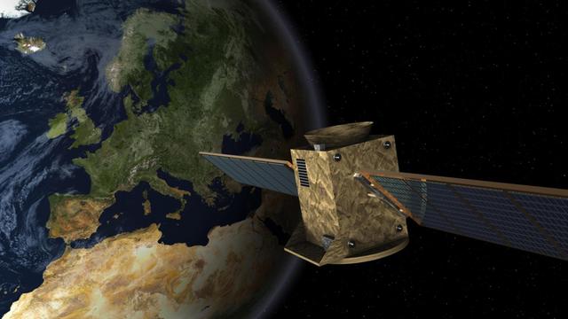 Symbolbild für das Galileo-Navigationssystem mit einem Satelliten vor der Erdkugel mit Europa