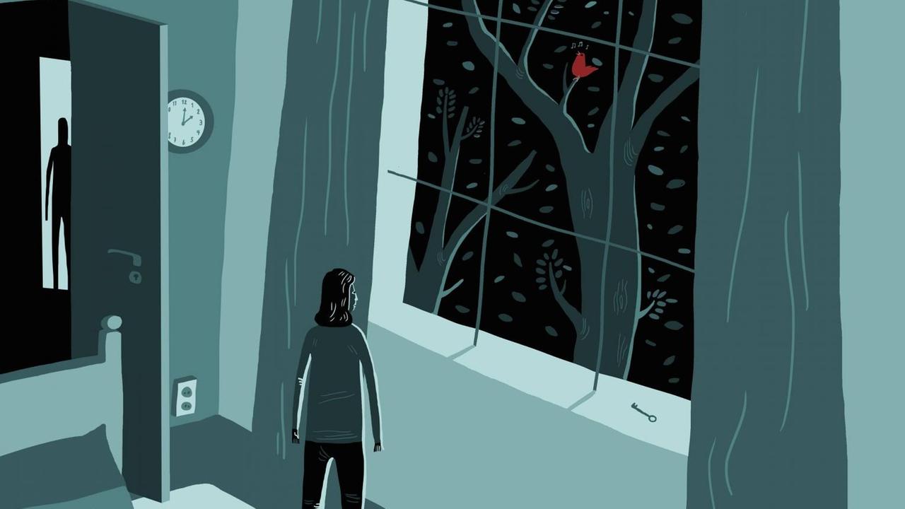 Illustrartion einer ängstlichen Frau, die in der Nacht aus dem Fenster schaut.