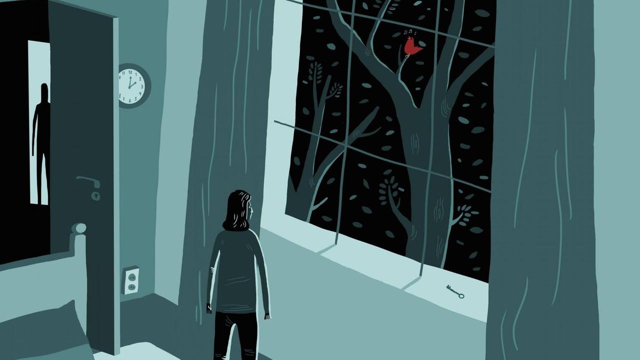 Illustrartion einer ängstlichen Frau, die in der Nacht aus dem Fenster schaut. Illustrartion einer ängstlichen Frau, die in der Nacht aus dem Fenster schaut.