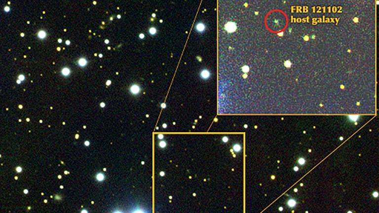 Die schwache Galaxie, in der der Radio Burst aufgeflammt ist. Die schwache Galaxie, in der der Radio Burst aufgeflammt ist.
