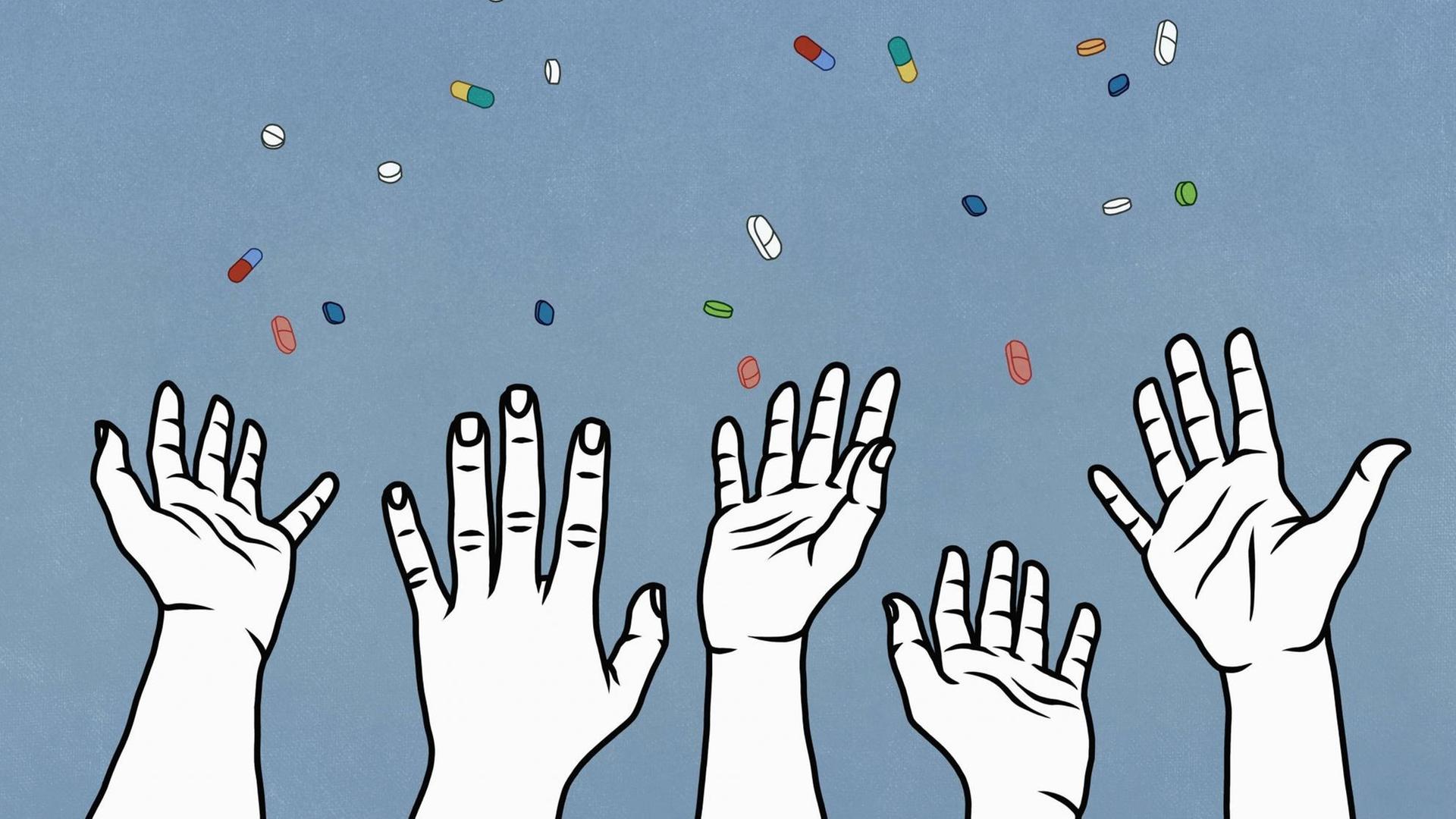 VIele Hände strecken sich nach Tabletten und Kapseln aus, die vom Himmel regnen. VIele Hände strecken sich nach Tabletten und Kapseln aus, die vom Himmel regnen.
