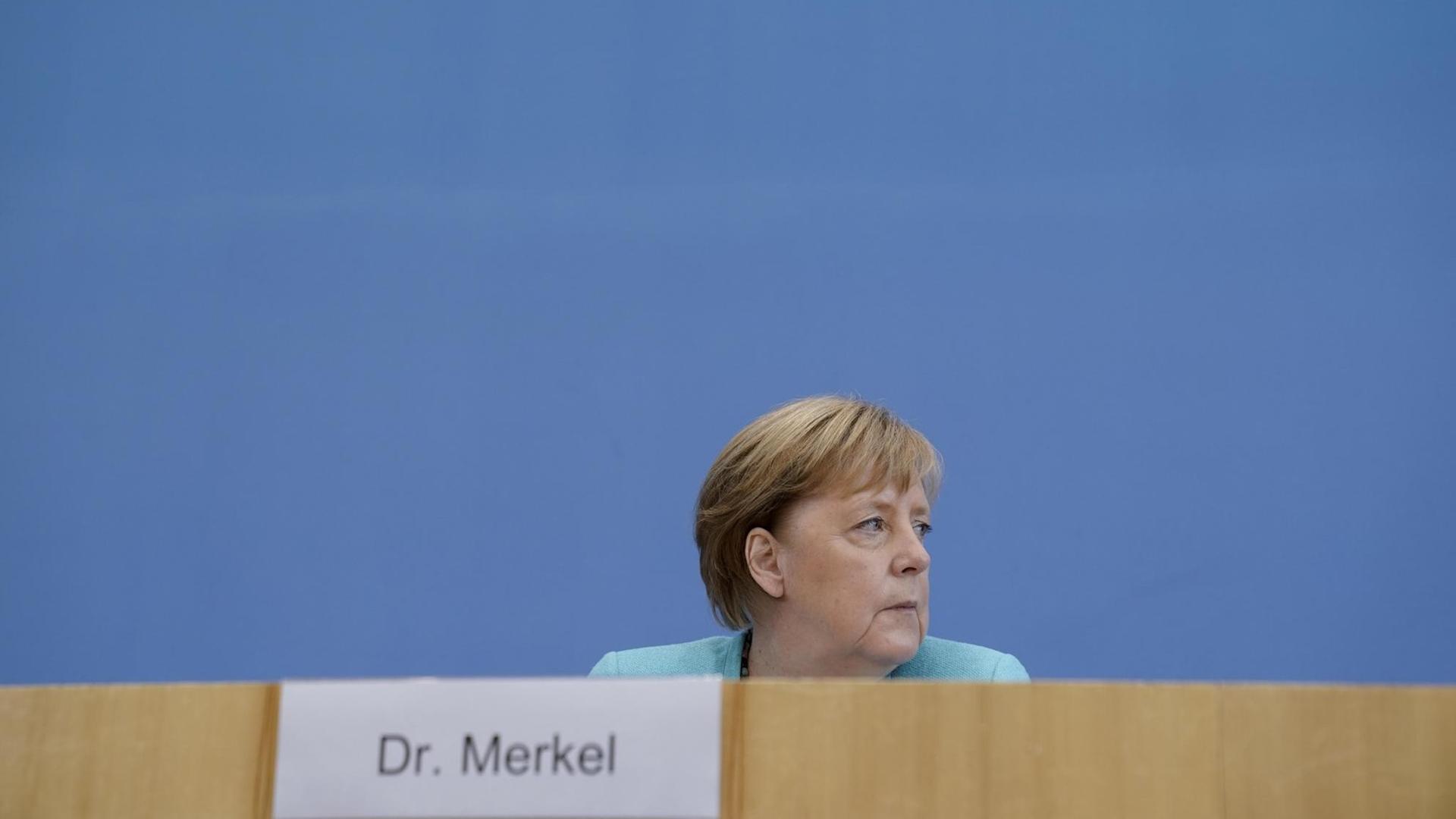 Bundeskanzlerin Angela Merkel während der Bundespressekonferenz im Sommer 2021.