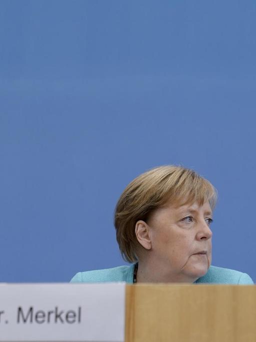 Bundeskanzlerin Angela Merkel während der Bundespressekonferenz im Sommer 2021.