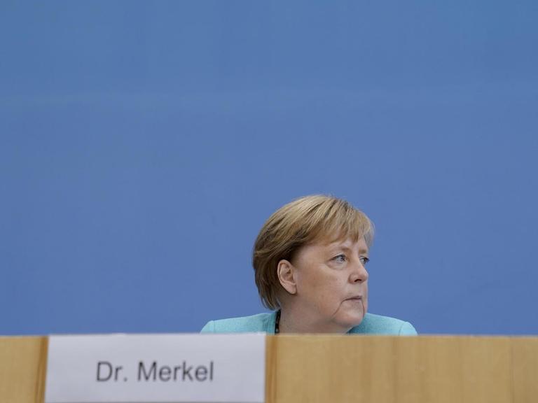 Bundeskanzlerin Angela Merkel während der Bundespressekonferenz im Sommer 2021.