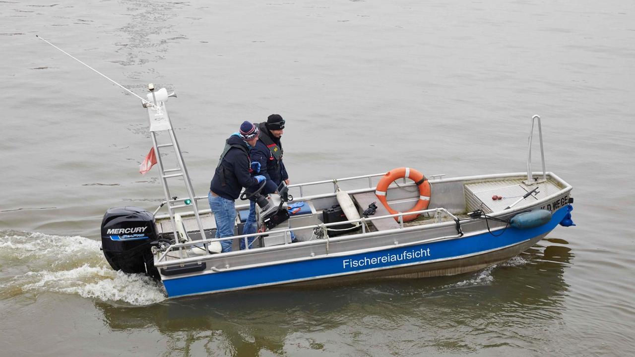 Martin Liebetanz-Vahldiek von der Fischereibehörde (l, am Ruder) und Fischereiaufseher Engin Yurtcan fahren in Hamburg im Hafen während einer Kontrollfahrt.