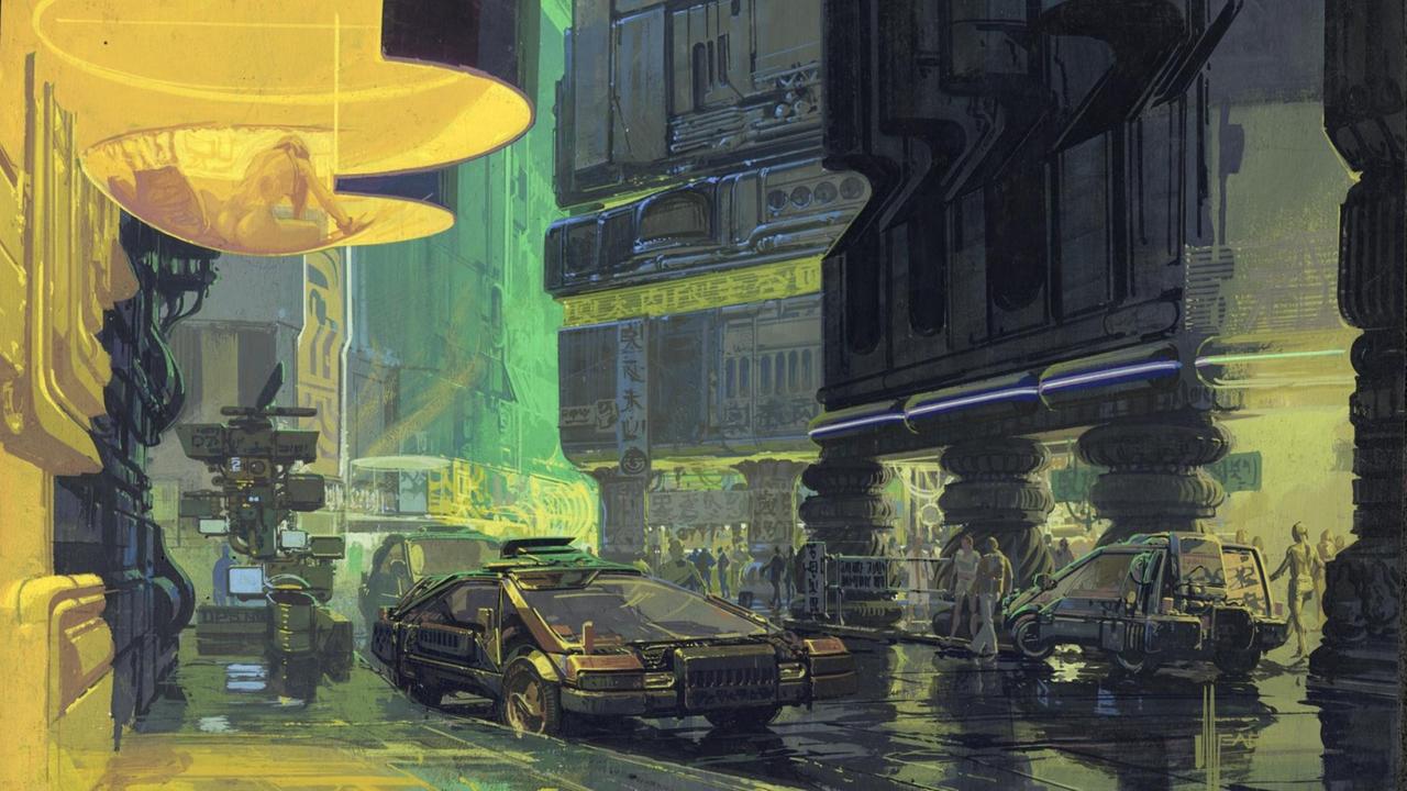 Darstellung einer futuristische Straßenszene von Syd Mead.