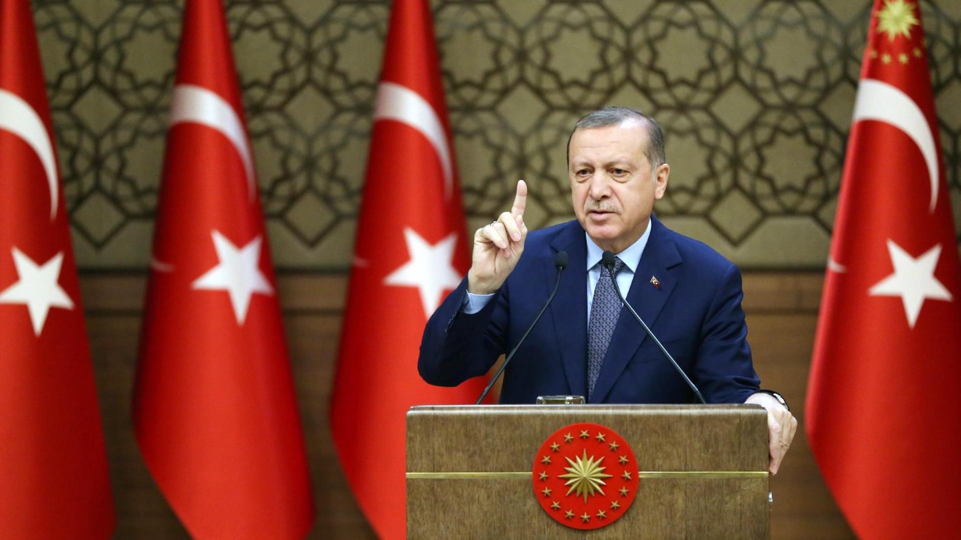 Der türkische Präsident Recep Tayyip Erdogan am Rednerpult, im Hintergrund mehrere türkische Flaggen. Der türkische Präsident Recep Tayyip Erdogan am Rednerpult, im Hintergrund mehrere türkische Flaggen.