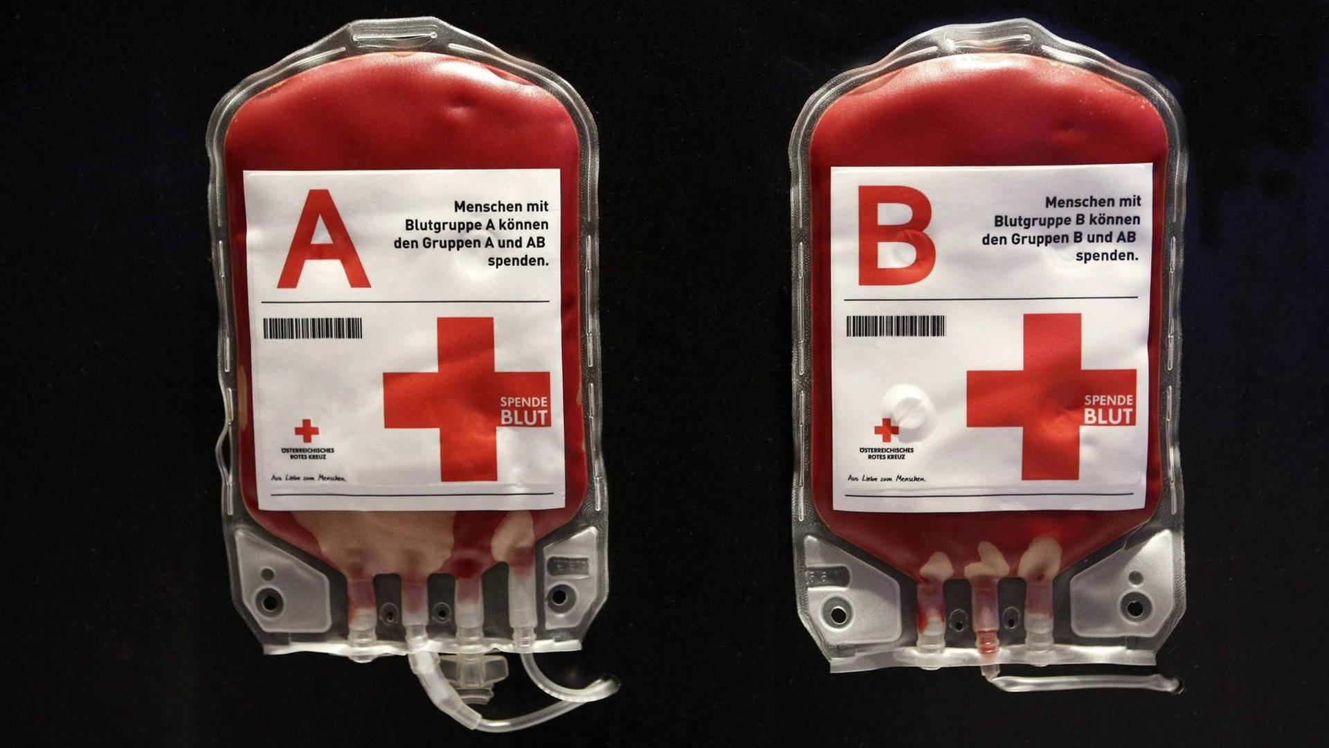 Zwei Blutkonserven vor schwarzem Hintergrund. Darauf wird erklärt, welche Blutgruppe welcher anderen spenden kann. Zwei Blutkonserven vor schwarzem Hintergrund. Darauf wird erklärt, welche Blutgruppe welcher anderen spenden kann.