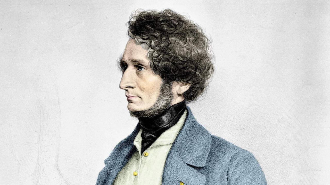 Hector Louis Berlioz (1803-1869) in blauem Sakko und im Halbprofil als Gravur aus dem 19. Jahrhundert. Hector Louis Berlioz (1803-1869) in blauem Sakko und im Halbprofil als Gravur aus dem 19. Jahrhundert.