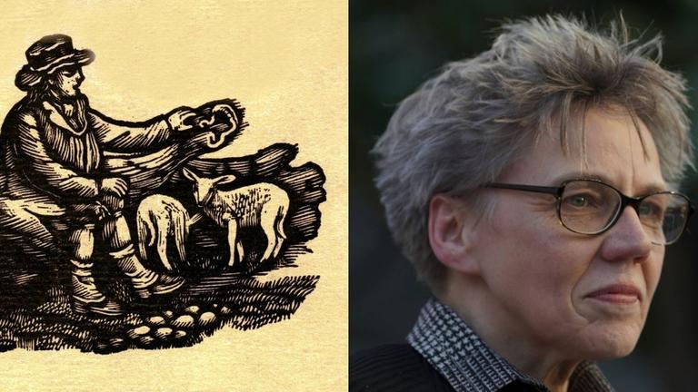 John Clare "Raunen des Winds und bebende Distel" Zu sehen ist die Zeichnung eines Schäfers mit zwei Schafen und ein Porträt der Übersetzerin und Autorin Esther Kinsky