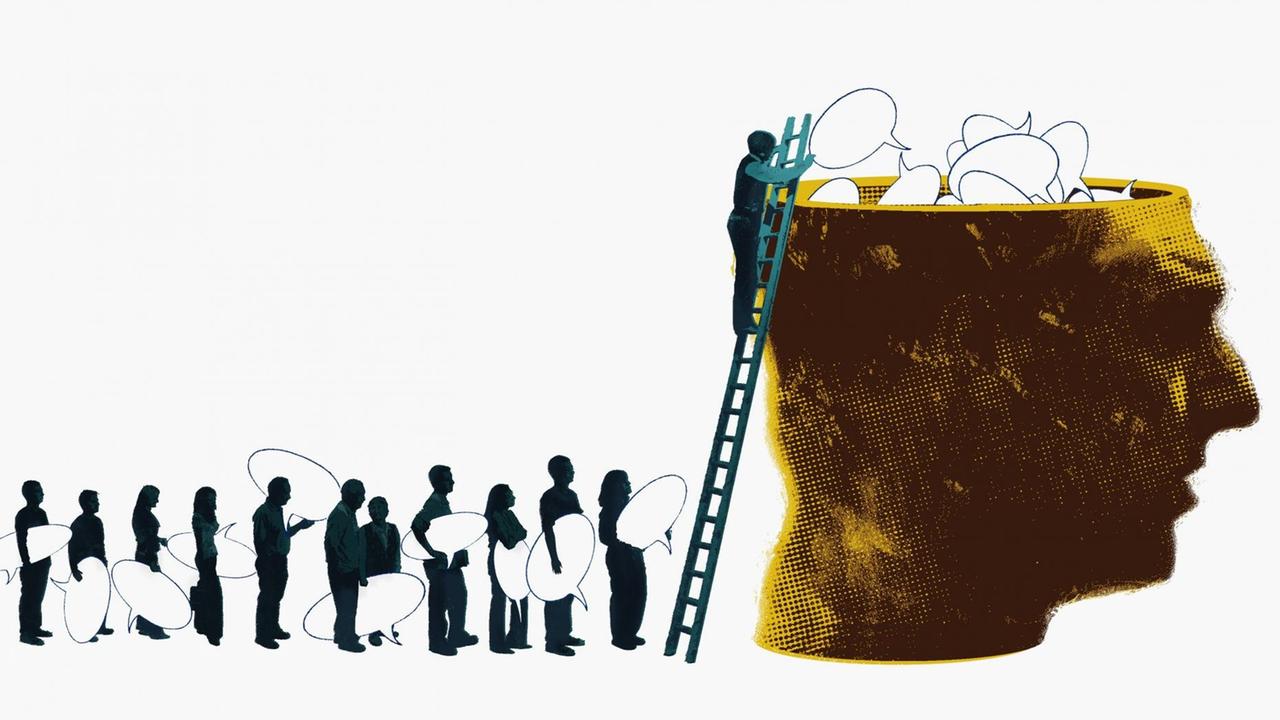 Die Illustration zeigt Menschen mit Sprechblasen in den Händen die an einer Leiter anstehen. Die Illustration zeigt Menschen mit Sprechblasen in den Händen die an einer Leiter anstehen.