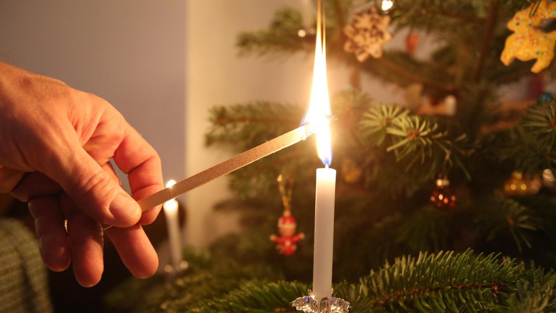 Mit einem großen Streichholz zündet ein Mann eine Kerze an einem Weihnachtsbaum in Hamburg an Mit einem großen Streichholz zündet ein Mann eine Kerze an einem Weihnachtsbaum in Hamburg an