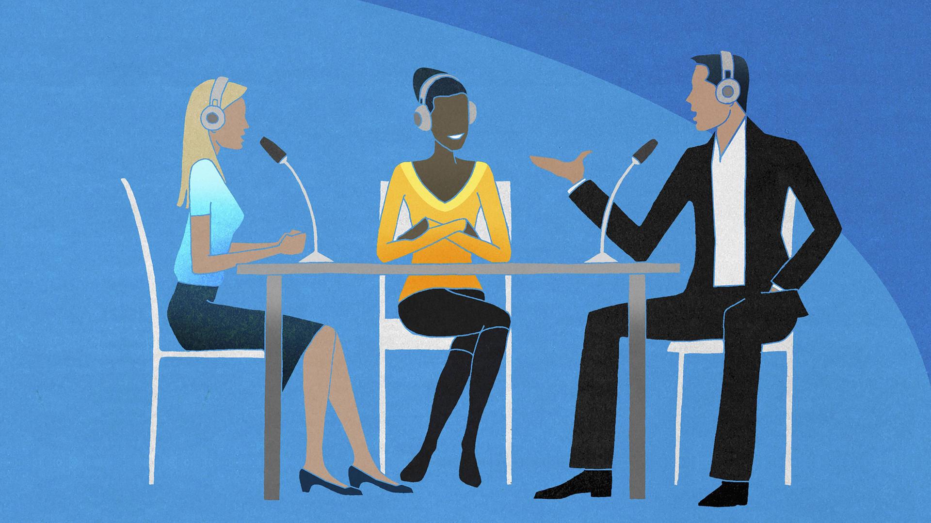 Zwei Frauen und ein Mann in einem Interview Zwei Frauen und ein Mann in einem Interview
