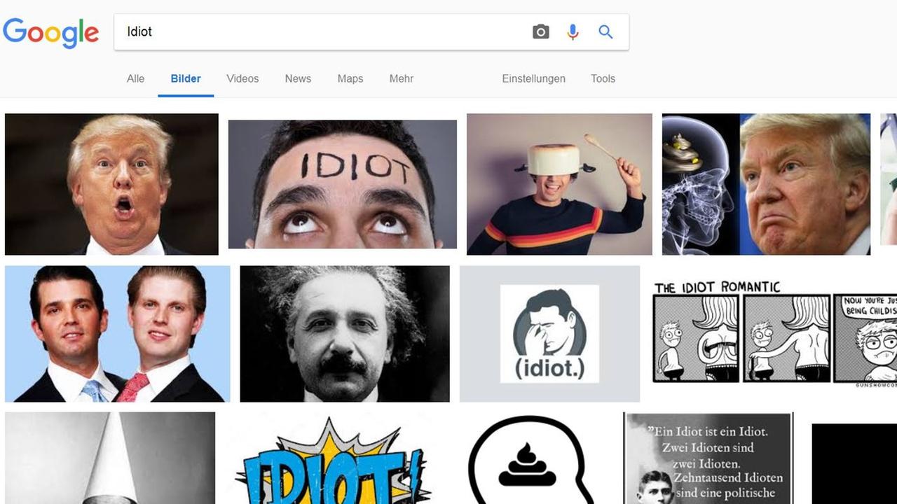 Screenshot von der Google-Seite mit dem Suchauftrag "Bilder"- "Idiot": Wer bei Google-Bildersuche "Idiot" eingibt, bekommt ziemlich viel Trump angeboten.