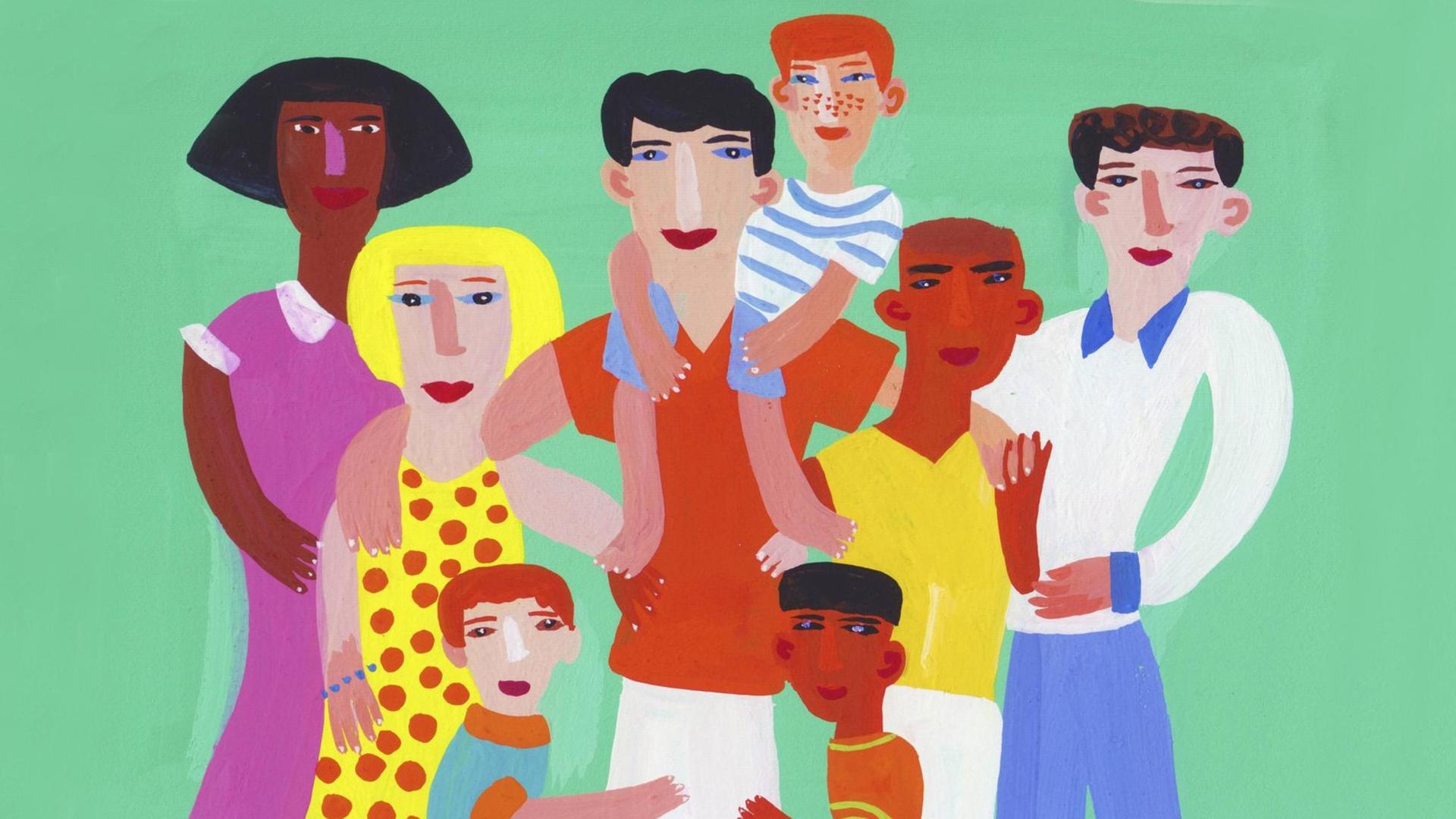 Illustration einer Gruppe von Familie und Freunden mit verschiedenen Haut-und Haarfarben Illustration einer Gruppe von Familie und Freunden mit verschiedenen Haut-und Haarfarben