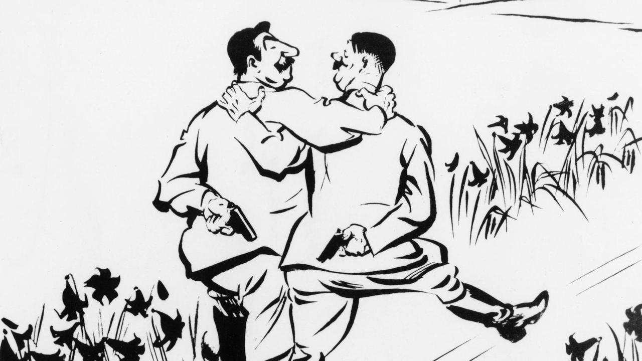 Eine Kariktatur von David Low, der Hitler (r.) und Stalin zeigt, nachdem sie ihren Nicht-Angriffspakt unterzeichnet haben. Eine Kariktatur von David Low, der Hitler (r.) und Stalin zeigt, nachdem sie ihren Nicht-Angriffspakt unterzeichnet haben.