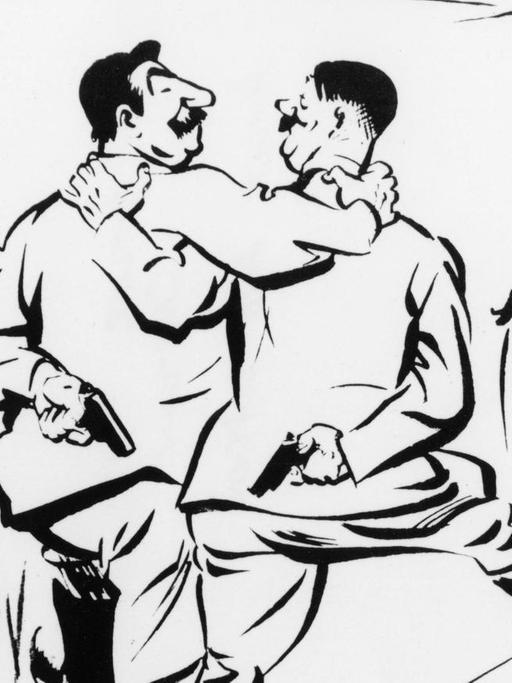 Eine Karikatur von David Low, die Hitler (r.) und Stalin zeigt, nachdem sie ihren Nicht-Angriffspakt unterzeichnet haben.