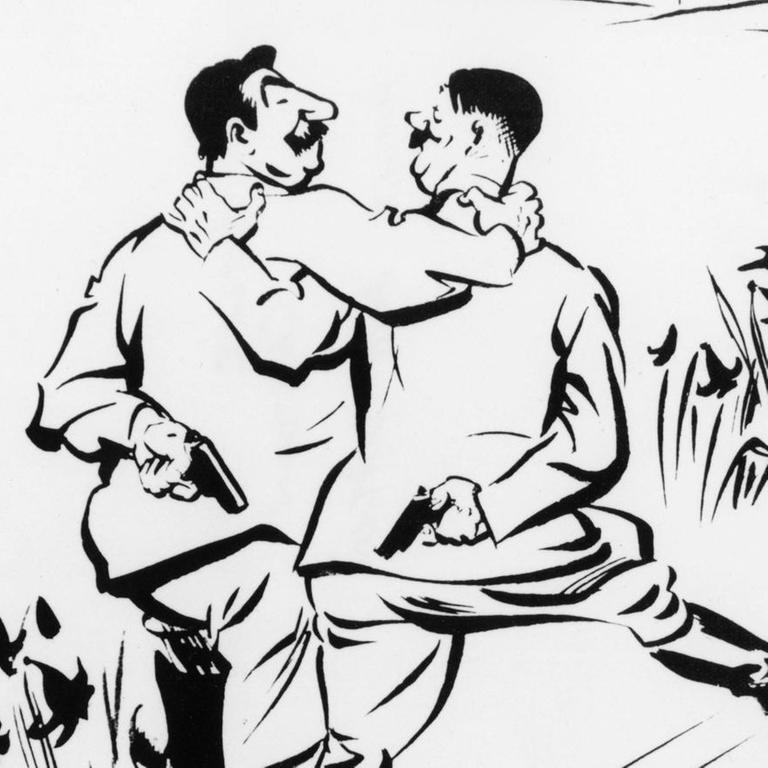 Eine Kariktatur von David Low, der Hitler (r.) und Stalin zeigt, nachdem sie ihren Nicht-Angriffspakt unterzeichnet haben.