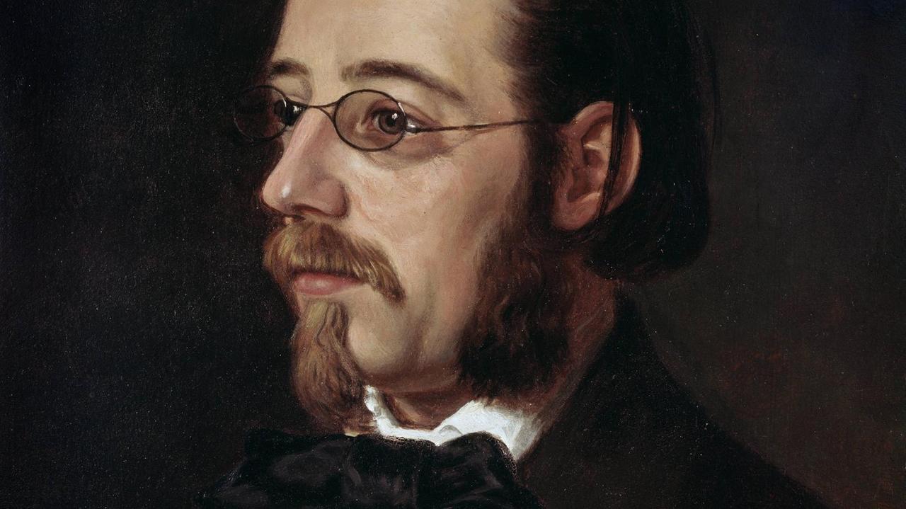 Gemälde eines ernsten Mannes mittleren Alters mit Brille, gepflegtem Bart und Fliege.