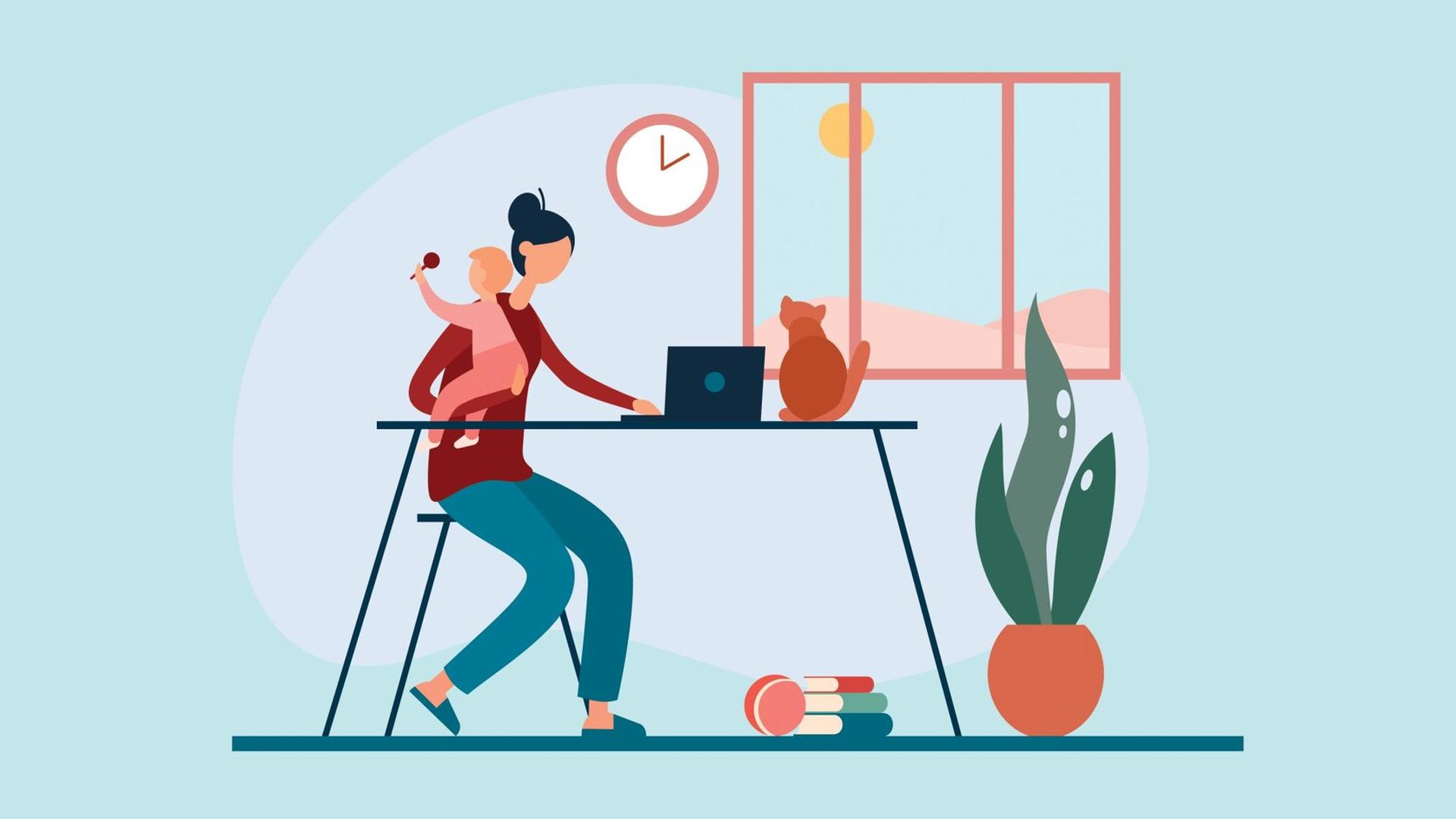 Illustration einer Frau Zuhause am Schreibtisch, mit einem Baby im rechten Arm und dem linken Arm am Laptop. Illustration einer Frau Zuhause am Schreibtisch, mit einem Baby im rechten Arm und dem linken Arm am Laptop.