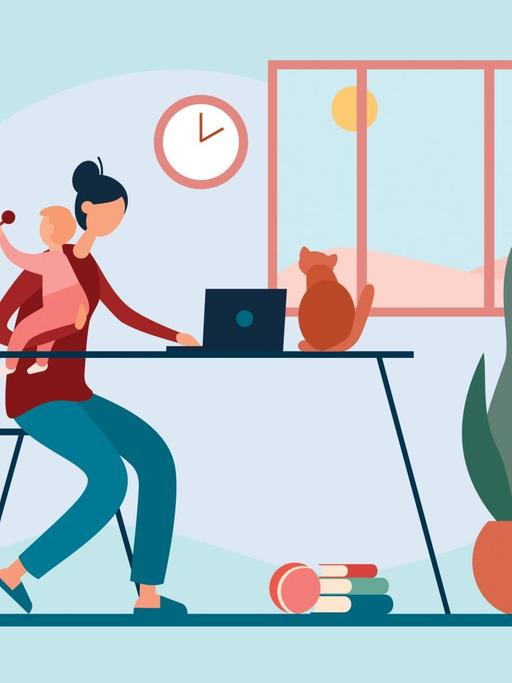 Illustration einer Frau Zuhause am Schreibtisch, mit einem Baby im rechten Arm und dem linken Arm am Laptop.