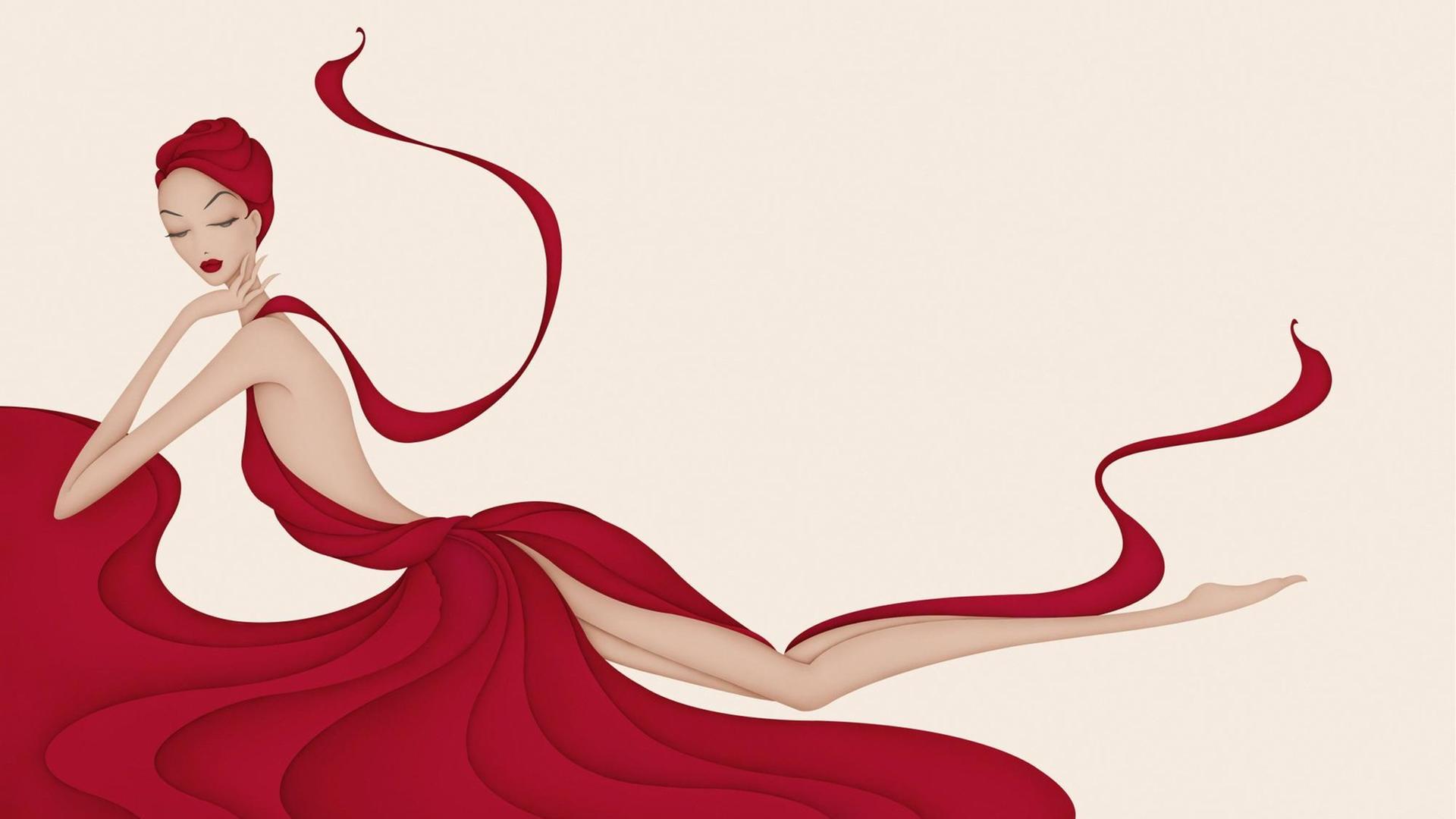 Illustration einer rothaarigen Frau in einem roten Kleid in einer lasziven Pose Illustration einer rothaarigen Frau in einem roten Kleid in einer lasziven Pose