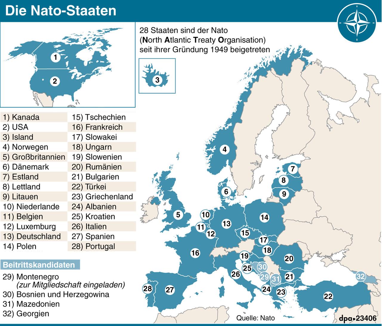 Karte mit Nato-Staaten und Beitrittskandidaten.