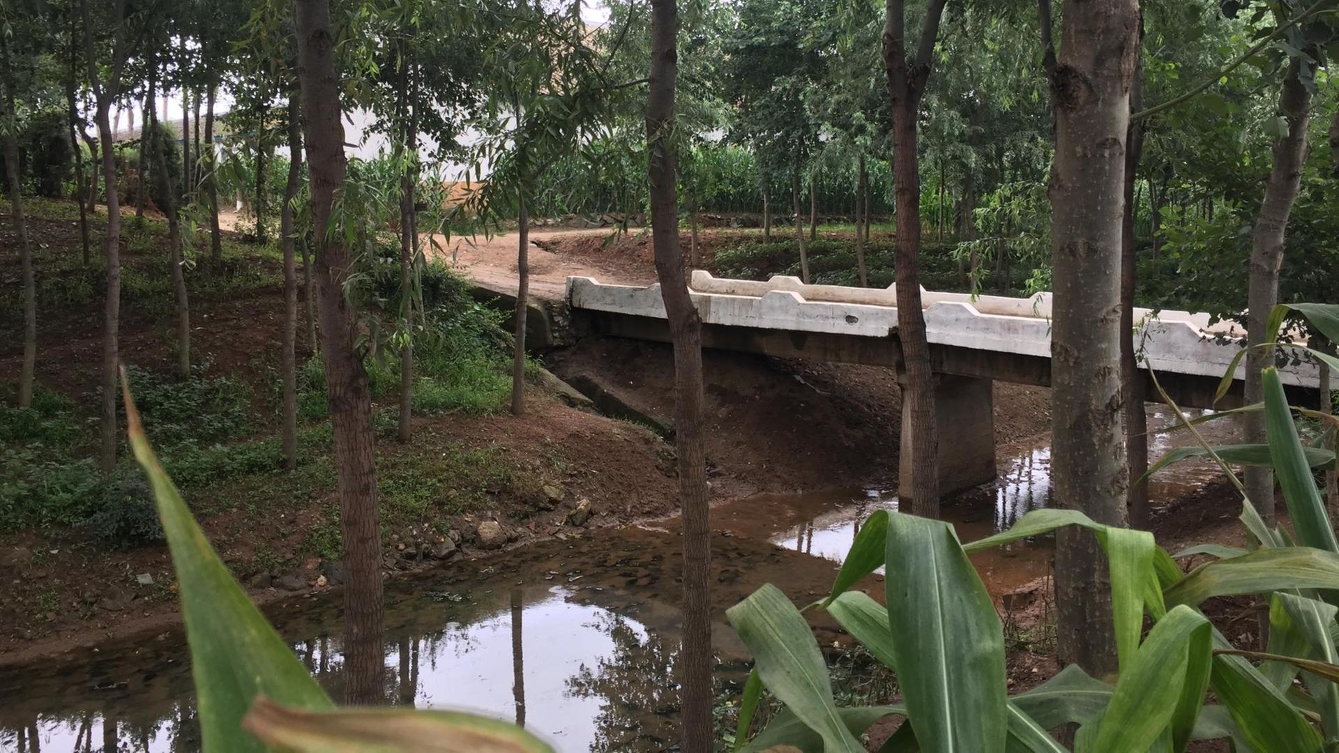 Eine Holzbrücke über einem Fluss Eine Holzbrücke über einem Fluss
