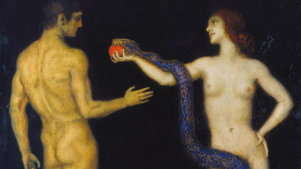 Eva, um die sich eine blaue Schlage ringelt, reicht Adam den Apfel.