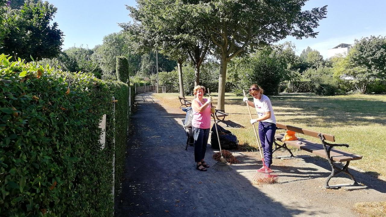 Zwei Frauen harken auf einem Weg Laub. Zwei Frauen harken auf einem Weg Laub.
