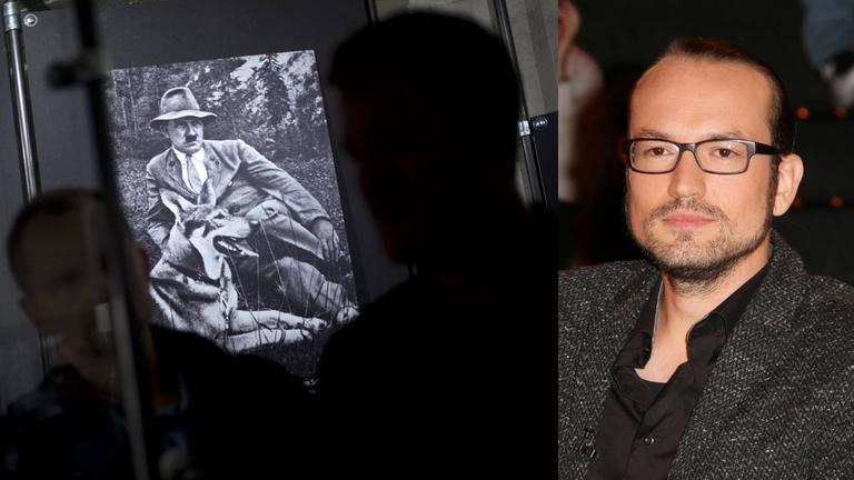 Jan Monhaupt, "Tiere im Nationalsozialismus" Zu sehen ist ein Portrait des Autors und ein Foto von Adolf Hitler mit seiner Schäferhündin Blondi Jan Monhaupt, "Tiere im Nationalsozialismus" Zu sehen ist ein Portrait des Autors und ein Foto von Adolf Hitler mit seiner Schäferhündin Blondi