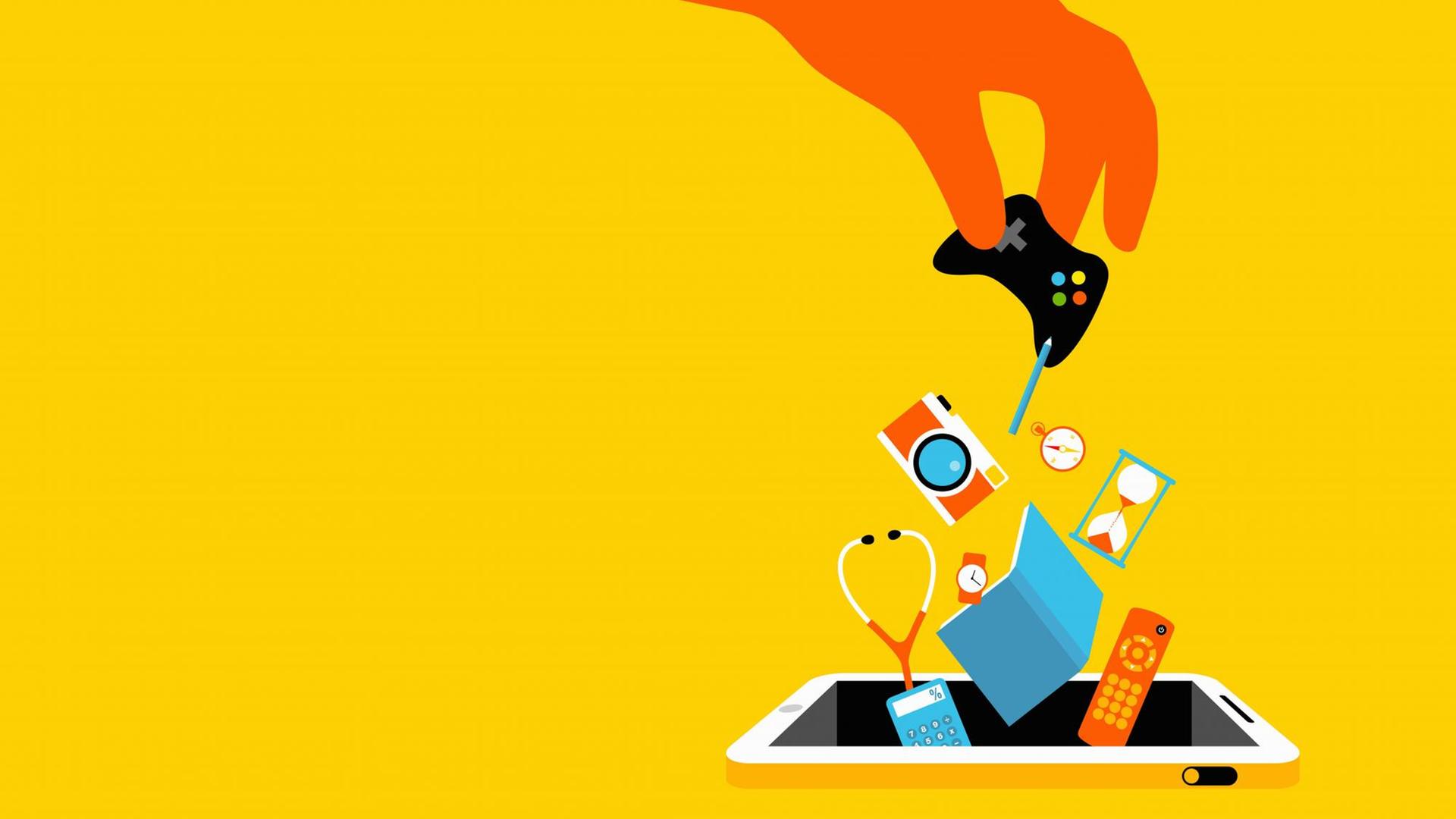 Illustration: Eine Hand nimmt unterschiedliche Dinge aus dem Display eines Smartphones: Gaming-Controller, Fotokamera etc. Illustration: Eine Hand nimmt unterschiedliche Dinge aus dem Display eines Smartphones: Gaming-Controller, Fotokamera etc.