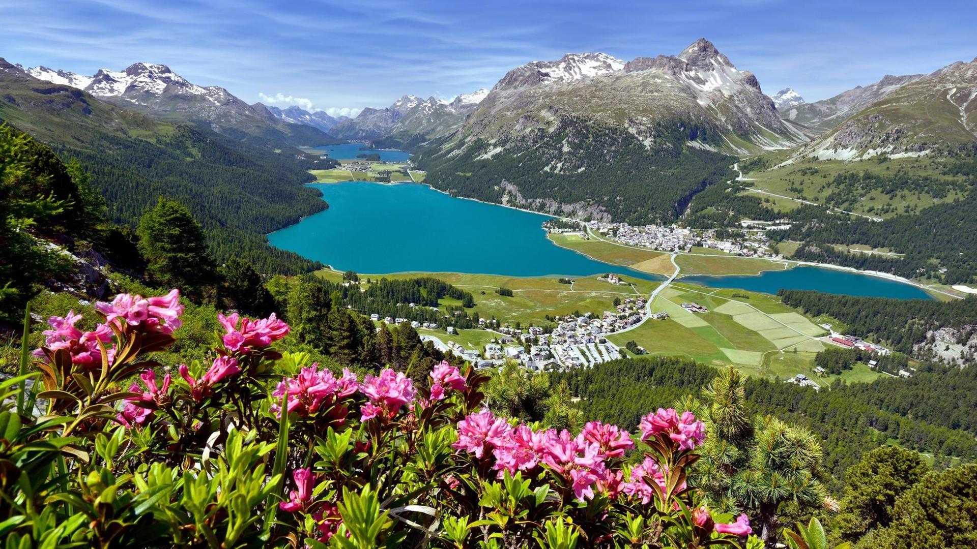 Blick von oben auf die Ortschaften Surlej und Silvaplana und die Oberengadiner Seen Champferersee, Silvaplanersee und Silsersee Blick von oben auf die Ortschaften Surlej und Silvaplana und die Oberengadiner Seen Champferersee, Silvaplanersee und Silsersee