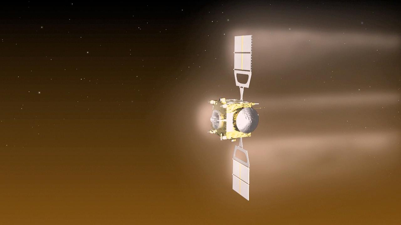 Die Raumsonde Venus Express beim allmählichen Eintauchen in die Atmosphäre des Planeten (Animation) Die Raumsonde Venus Express beim allmählichen Eintauchen in die Atmosphäre des Planeten (Animation)