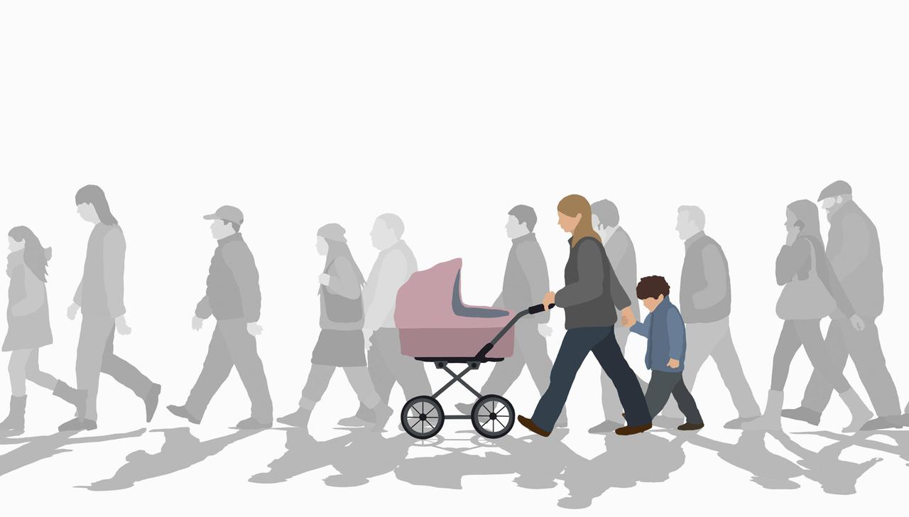 Illustration: Eine Frau mit Kinderwagen und einem Jungen an der rechten Hand, geht in einer Menschenmenge Illustration: Eine Frau mit Kinderwagen und einem Jungen an der rechten Hand, geht in einer Menschenmenge