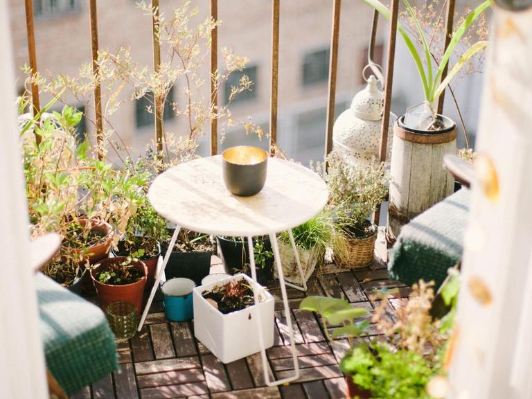 Blick auf einen Balkon mit Topfpflanzen.