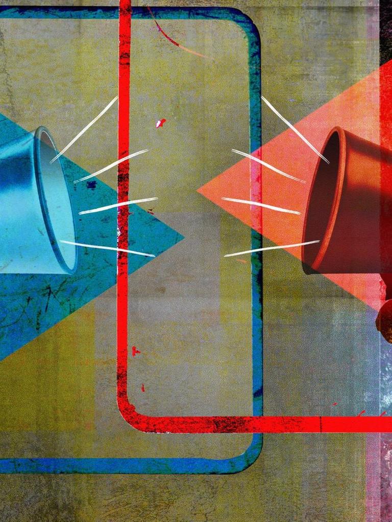 Konfrontation zwischen zwei Männern mit einem roten und einem blauen Megaphon