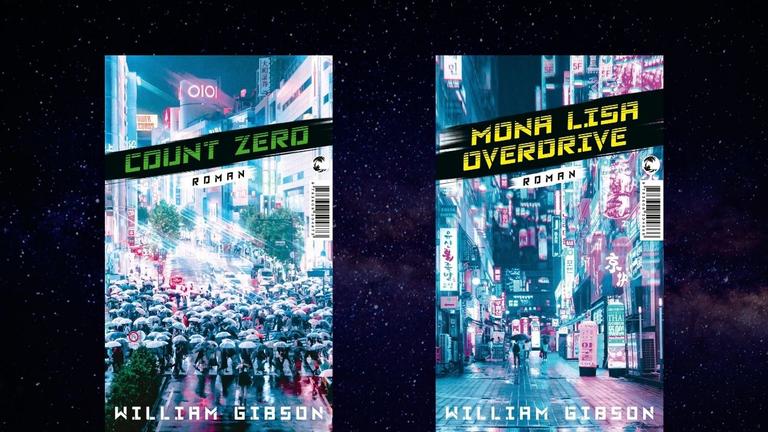 William Gibson. "Die Neuromancer-Trilogie"

Zu sehen sind die Cover der Bücher "Count Zero", auf dem eine Menschenmenge mit Regenschirmen in einer Großstadt abgebildet ist und "Mona Lisa Overdrive", das eine Großstadt-Passage im Neonlicht zeigt.